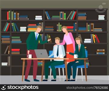 People at work looking at laptop screen. Male working on program creation or data analysis. Coworkers looking at monitor and helping. Background with books and files on shelves vector in flat. People Working on Project in Team, Books Files