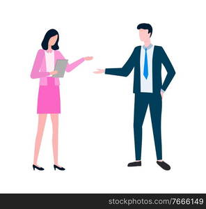 People at work vector, man and woman discussing details of business projects, businessman and secretary with documents, documentation paper flat style. Wiman and Man Discussing Business Projects Vector