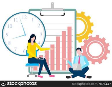 People at work vector, man and woman with laptops working with digital virtual sphere. Clipboard with infochart and cogwheels, clock time management. Time Management People at Work with Laptops Job
