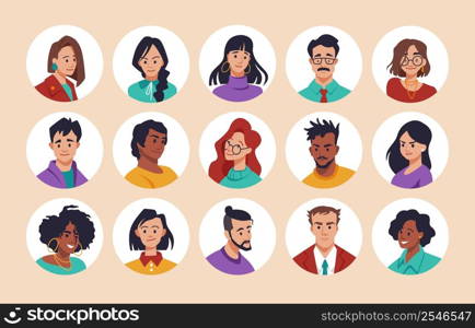 People avatar portraits. Round face icons, man and woman characters, stylish people and various hipsters. Young multiethnic people heads in circle. User profile picture. Vector cartoon isolated set. People avatar portraits. Face icons, man and woman characters, stylish people and various hipsters. Young multiethnic people heads in circle. User profile picture. Vector cartoon isolated set