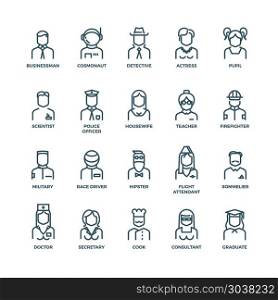 People avatars, characters staff, professions. Vector linear icons. People avatars, characters staff, professions. Career people, manager profession, people profession, icon character professions. Vector illustration linear icons