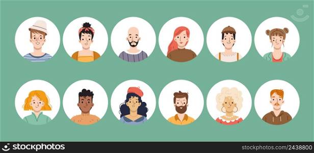 People avatars for social media profile. Vector flat illustration of set of men and women faces, diverse person heads with different hairstyle in circle frame. Portraits of female and male characters. People avatars for social media profile