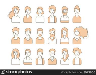 People avatars. Line person portraits, diverse man woman id images for site forum app vector collection. Profession employee avatar man and womand for internet illustration. People avatars. Line person portraits, diverse man woman id images for site forum app vector collection
