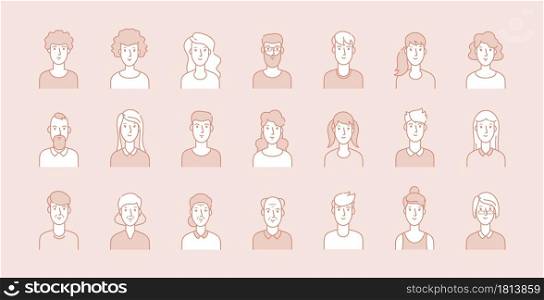 People avatars. Modern business corporate faces, line male female portraits. Young, adult and elderly ages users, modern outline character vector set. Illustration face female and man. People avatars. Modern business corporate faces, line male female portraits. Young, adult and elderly ages users, modern outline character vector set