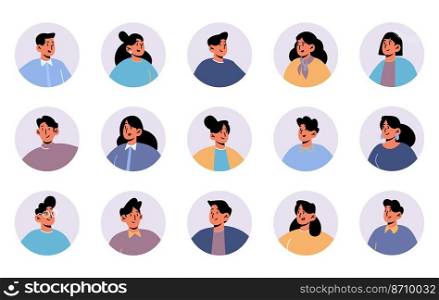 People avatars, round icons with faces of male and female characters. Young men or women with black hair color, different portraits for social media and web design, isolated Line art flat vector set. People avatars, round icons with characters faces