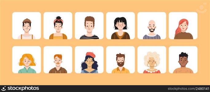 People avatars, square icons set with faces of young, mature and senior male or female characters. Diverse men or women of different nationalities, hair color and ages, Linear flat vector portraits. People avatars, square icons, different faces set