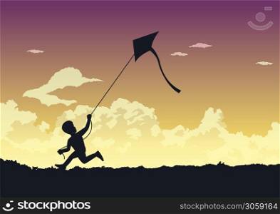 People avtivity and life scene of a boy is running to play his kite happily around the wonderful clouds