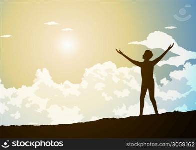 People avtivity and life scene of standing of meadow and rasing hands that show hopeful of the man