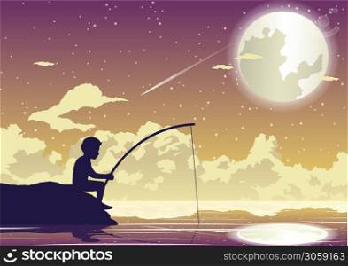 People avtivity and life scene of tha boy is sitting to fishing in beautiful night