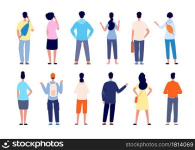 People back view. Man standing, isolated persons from backs. Flat office team backside, diverse young male female casual vector characters. Backside various people, human group standing illustration. People back view. Man standing, isolated persons from backs. Flat office team backside, diverse young male female casual vector characters
