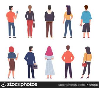 People back view. Men, women in modern casual clothes standing together in various poses set, male and female persons from back side with phones and bags collection. Flat isolated vector characters. People back view. Men, women in casual clothes standing together in various poses set, male and female persons from back side with phones and bags collection. Flat vector characters