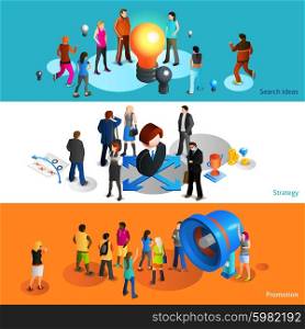People Banners Set. People isometric horizontal banners set with search ideas and strategy symbols isolated vector illustration