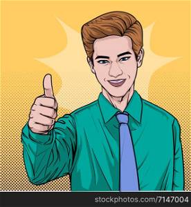 People be exultant Business people raise hands and rejoice Illustration vector On pop art comics style Abstract dots background