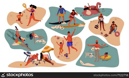 People beach activities. Cartoon characters on summer vacation, surfing swimming sunbathing outdoor scenes. Vector isolated flat illustration activity male, female with kids on water recreation. People beach activities. Cartoon characters on summer vacation, surfing swimming sunbathing outdoor scenes