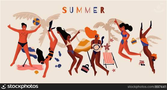 People beach banner. Happy friend on summer vacation cartoon poster, diverse young people on beach party. Vector poster beautiful group women and men outdoors. People beach banner. Happy friend on summer vacation cartoon poster, diverse young people on beach party. Vector poster