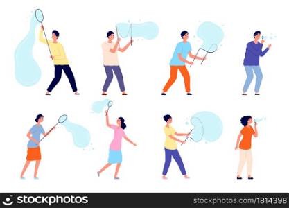 People blowing bubbles. Soap bubble, cute adorable characters playing. Isolated person on party, cartoon modern birthday utter vector set. Illustration blowing bubble soap flying. People blowing bubbles. Soap bubble, cute adorable characters playing. Isolated person on party, cartoon modern birthday utter vector set