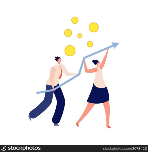 People boosting financial chart. Business collaboration or teamwork, innovation development. Flat creative man woman hold arrow vector illustration. Teamwork business, collaboration financial team. People boosting financial chart. Business collaboration or teamwork, innovation accelerating development. Flat creative man woman hold arrow vector illustration