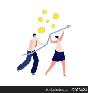 People boosting financial chart. Business collaboration or teamwork, innovation development. Flat creative man woman hold arrow vector illustration. Teamwork business, collaboration financial team. People boosting financial chart. Business collaboration or teamwork, innovation accelerating development. Flat creative man woman hold arrow vector illustration