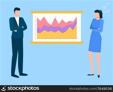 People brainstorming at office vector, whiteboard with flow chart with colored segments and data on board. Information for entrepreneurs, planning strategy. Man and Woman at Business Presentation Meeting