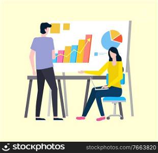 People brainstorming on project development vector, analysis and stats in visual form, charts and infographics, collaboration of partners, man and woman. Woman and Man on Presentation, Brainstorming Job
