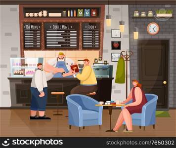People breaktime with beverage in coffeehouse. Woman sitting at table with cup, men sitting near bar with bartender or waiter. Interior of restaurant urban place with coffee, tea and food menu vector. Man and Woman Sitting with Coffee in Cafe Vector