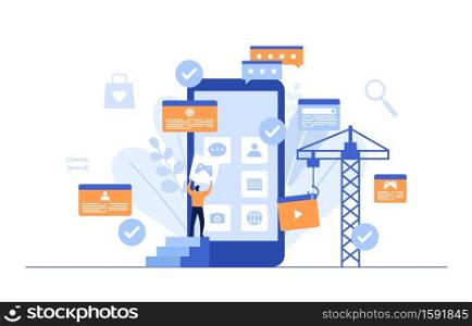 People Build Mobile App Development Process Flat Design Illustration