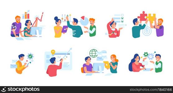 People business activities. Men and women characters interact with business symbols, graphs, charts, successful office teamwork and smart communication vector set. People business activities. Men and women characters interact with business symbols, graphs, charts, successful office teamwork. Vector set