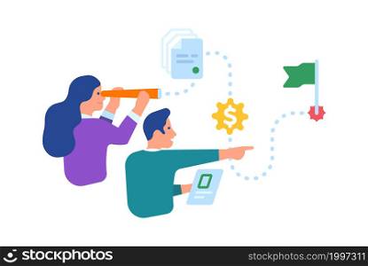 People business activities. Office workers planning project strategy. Man and woman searching way to achieve goal. Workflow plan. Employee with spyglass. Dotted line of path to success. Vector concept. People business activities. Workers planning strategy. Man and woman searching way to achieve goal. Workflow plan. Employee with spyglass. Dotted line of path to success. Vector concept