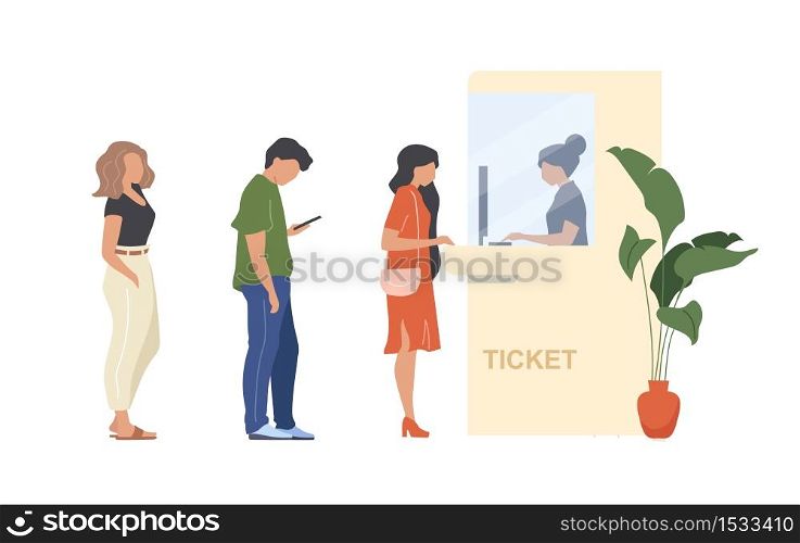 People buy ticket flat color vector faceless characters. Queue to admission booth. Person wait in crowd. Booking pass service isolated cartoon illustration for web graphic design and animation. People buy ticket flat color vector faceless characters
