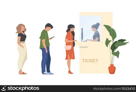 People buy ticket flat color vector faceless characters. Queue to admission booth. Person wait in crowd. Booking pass service isolated cartoon illustration for web graphic design and animation. People buy ticket flat color vector faceless characters