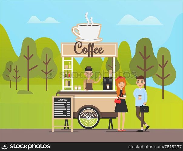 People buying beverages from coffee shop vector, seller with customers in forest. Park and street food, kiosk with production and snacks, chalkboard. Coffee Beverage, Shop in Park, Clients by Store