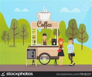 People buying beverages from coffee shop vector, seller with customers in forest. Park and street food, kiosk with production and snacks, chalkboard. Coffee Beverage, Shop in Park, Clients by Store