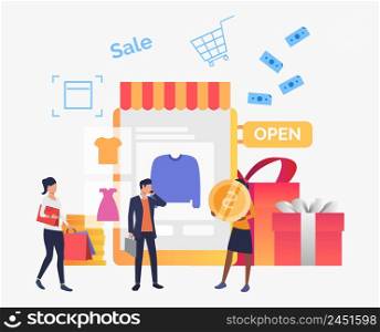 People buying clothes in online shop. Purchase, shop, retail, sale concept. Vector illustration can be used for topics like business, shopping, marketing. People buying clothes in online shop