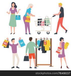 People buying clothes, man and woman with packages. Sale old collection, choosing model, suit and t-shirt on hanger, discount promotion, purchase vector. People with Purchase, Sale Old Collection Vector