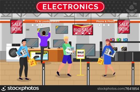 People buying electronic devices on sale. Electronics shop with customers and product. Washing machine and tv set, camera and photo, loudspeakers. Man and woman with new items. Vector in flat. Electronics Shop People at Store Buying Gadgets