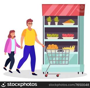 People buying food for home. Dad and daughter with shopping trolley choosing meal for breakfast or dinner. Vegetable and organic products stored at refrigerator. Family weekend at store vector. Father and Daughter with Shopping Trolley at Market