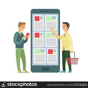 People buying from online store vector, clients of shops using smartphones to purchase items. Easy order and delivery, male customer with basket in hands. People Buying from Online Store with Smartphones