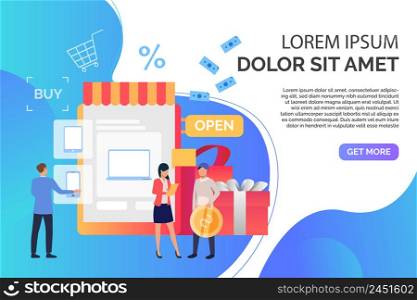People buying gadgets in online shop with sample text. Purchase, shop, marketing, sale concept. Presentation slide template. Vector illustration for topics like business, shopping, marketing. People buying gadgets in online shop with sample text