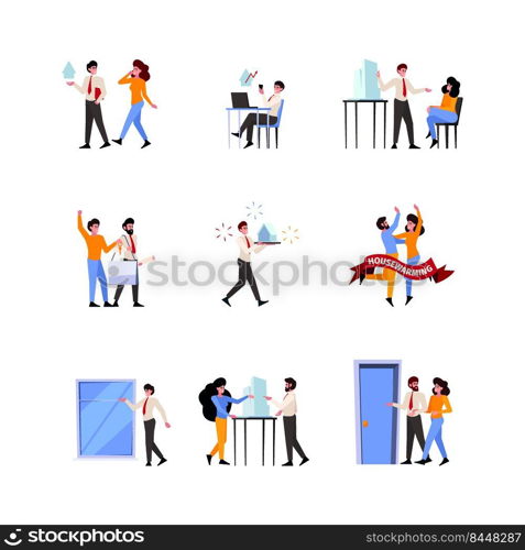 People buying house. Real estate agent sold living room new house for happy couples garish vector flat illustrations set. Realtor house agent with customers. People buying house. Real estate agent sold living room new house for happy couples garish vector flat illustrations set