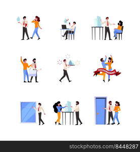 People buying house. Real estate agent sold living room new house for happy couples garish vector flat illustrations set. Realtor house agent with customers. People buying house. Real estate agent sold living room new house for happy couples garish vector flat illustrations set