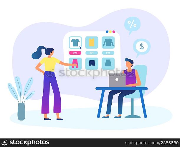 People buying in online shop. Man sitting at desk with laptop. Woman looking at screen with clothes, choosing outfit. Buying t-shirt and trousers in internet. Characters doing purchases vector. People buying in online shop. Man sitting at desk with laptop. Woman looking at screen with clothes, choosing outfit