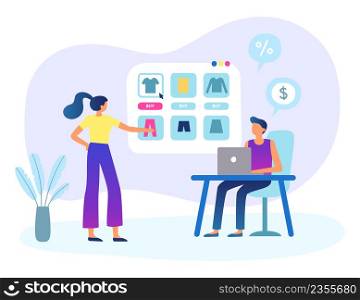 People buying in online shop. Man sitting at desk with laptop. Woman looking at screen with clothes, choosing outfit. Buying t-shirt and trousers in internet. Characters doing purchases vector. People buying in online shop. Man sitting at desk with laptop. Woman looking at screen with clothes, choosing outfit