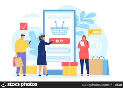 People buying in online shop. Smartphone screen with shopping basket. Poster with men and women with bags. Mobile store app vector concept. Characters ordering with cellphone in application. People buying in online shop. Smartphone screen with shopping basket. Poster with men and women with bags. Mobile store app vector concept