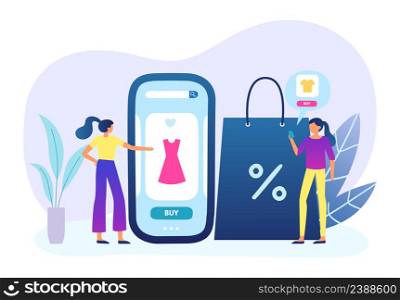 People buying in online shop with smartphone. Shopping online and buy in internet, shop sale by woman, vector illustration. People buying in online shop with smartphone