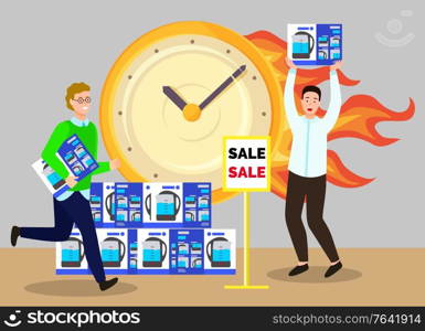 People buying kettle in store, limited promotion of kitchen goods. Big sale and discounts on cooking equipment. Shopper male running with purchase box in marketplace, advertising in store vector. Big Discount on Kettle, Special Promotion Vector