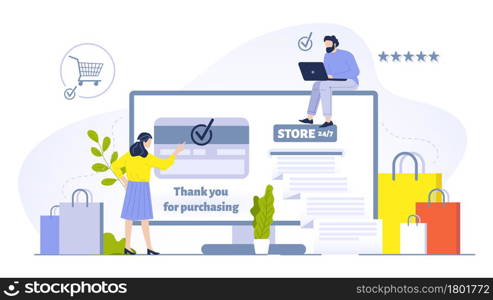 People buying online concept illustration. Woman doing purchases using computer and having credit card verification on screen. Receiving shopping bags with orders. Man using laptop. People buying online concept illustration. Woman doing purchases using computer and having credit card verification