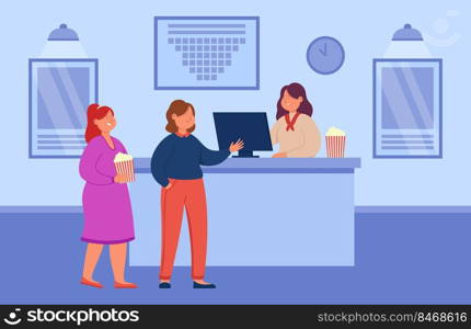 People buying tickets at cinema box office. Flat vector illustration. Cashier standing behind counter, selling tickets according movie schedule. Cinema, theatre, advertising, entertainment concept