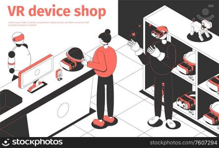 People buying vr devices in futuristic shop 3d isometric vector illustration