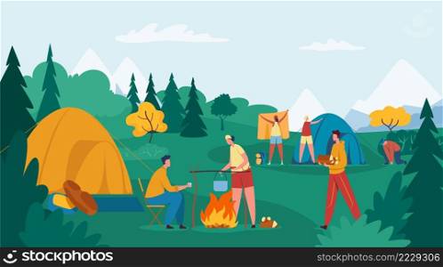 People c&ing. Friends setting up tent, male and female characters cooking food on fire. Boy carrying firewood for bonfire. Cartoon tourists having rest outdoor, relaxing in forest vector. People c&ing. Friends setting up tent, male and female characters cooking food on fire. Boy carrying firewood
