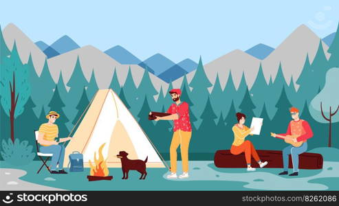 People c&ing. Male character bringing firewood to bonfire, woman singing and man playing guitar. Person drinking hot tea and playing with dog. Friends spending leisure time in forest vector. People c&ing. Male character bringing firewood to bonfire, woman singing and man playing guitar. Person drinking tea